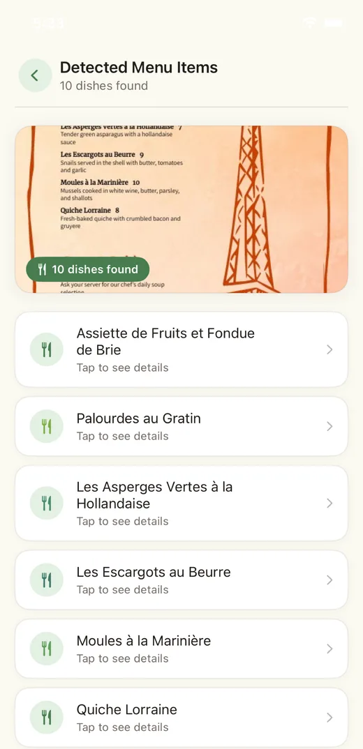 MenuTure detected menu items screen